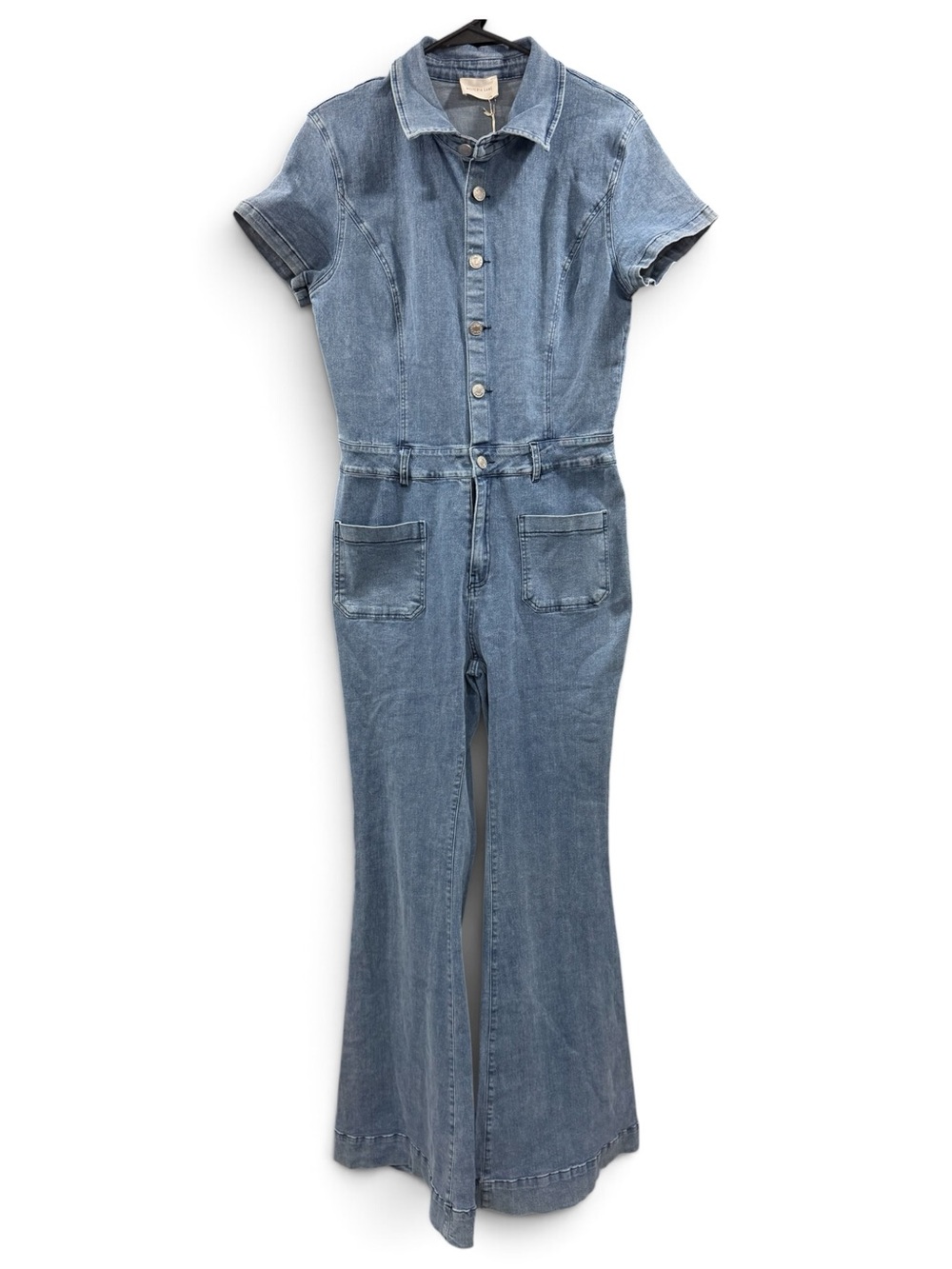NWT Wisteria Lane Flared Denim Jumpsuit in Light Blue - Classic Short Sleeve